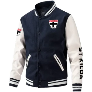 St Kilda Saints AFL Exclusive Logo Leather Baseball Jacket Sleeves HOAFL310525BBJ01STK - Dark Blue