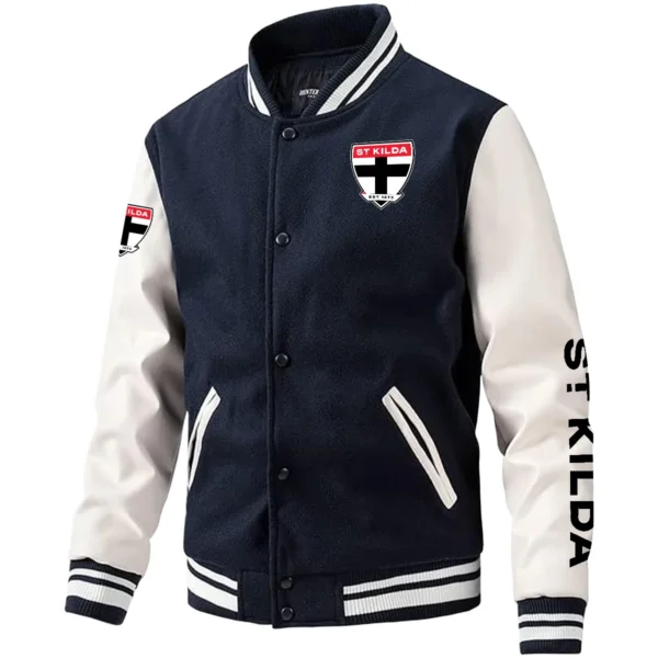 St Kilda Saints AFL Exclusive Logo Leather Baseball Jacket Sleeves HOAFL310525BBJ01STK - Dark Blue