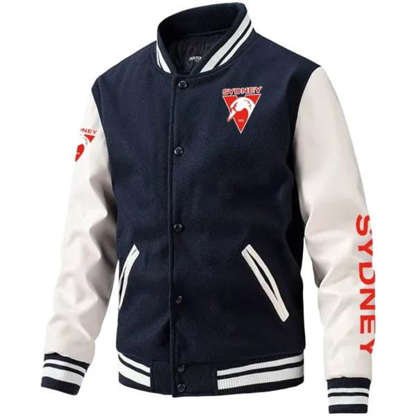 Sydney Swans AFL Exclusive Logo Leather Baseball Jacket Sleeves HOAFL310525BBJ01SYD - Dark Blue