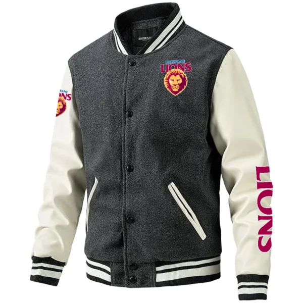 Brisbane Lions AFL Exclusive Logo Leather Baseball Jacket Sleeves HOAFL310525BBJ01BL - Gray