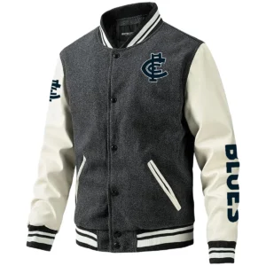 Carlton Blues AFL Exclusive Logo Leather Baseball Jacket Sleeves HOAFL310525BBJ01CARL - Gray