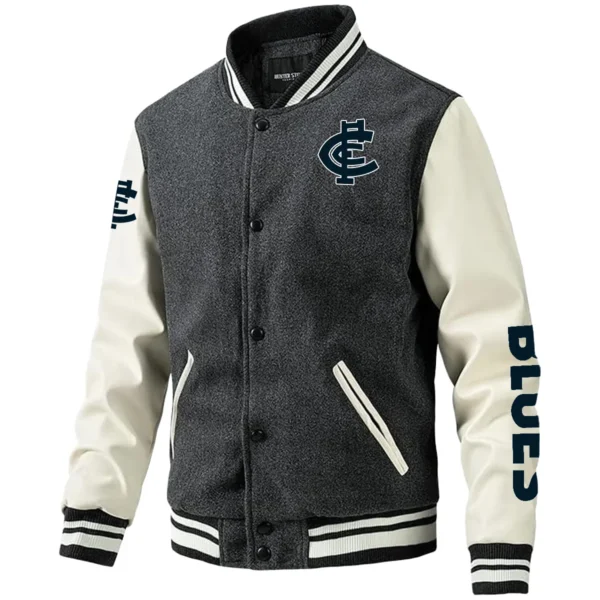 Carlton Blues AFL Exclusive Logo Leather Baseball Jacket Sleeves HOAFL310525BBJ01CARL - Gray