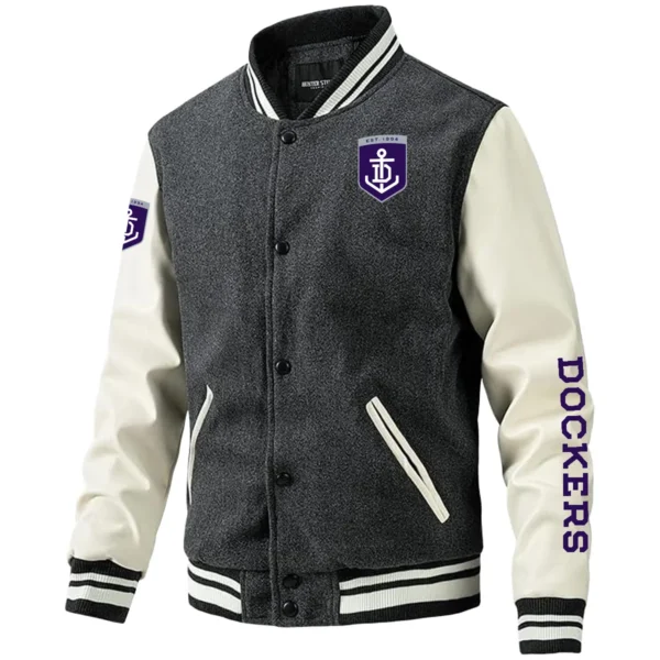 Fremantle Dockers AFL Exclusive Logo Leather Baseball Jacket Sleeves HOAFL310525BBJ01FRE - Gray