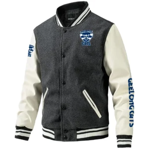 Geelong Cats AFL Exclusive Logo Leather Baseball Jacket Sleeves HOAFL310525BBJ01GEEL - Gray