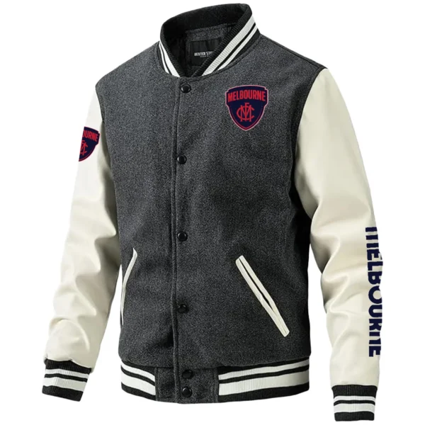 Melbourne Demons AFL Exclusive Logo Leather Baseball Jacket Sleeves HOAFL310525BBJ01MELB - Gray