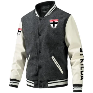 St Kilda Saints AFL Exclusive Logo Leather Baseball Jacket Sleeves HOAFL310525BBJ01STK - Gray