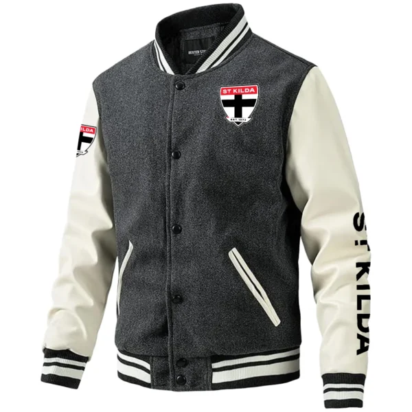 St Kilda Saints AFL Exclusive Logo Leather Baseball Jacket Sleeves HOAFL310525BBJ01STK - Gray