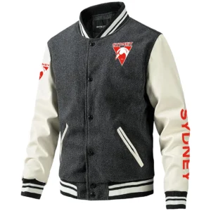 Sydney Swans AFL Exclusive Logo Leather Baseball Jacket Sleeves HOAFL310525BBJ01SYD - Gray
