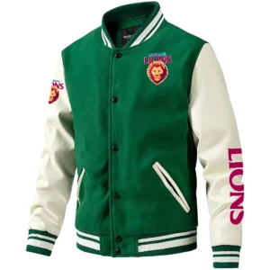 Brisbane Lions AFL Exclusive Logo Leather Baseball Jacket Sleeves HOAFL310525BBJ01BL - Green