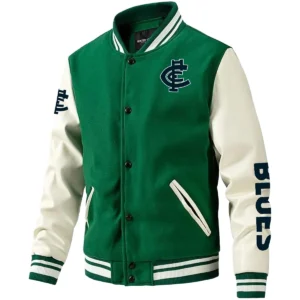 Carlton Blues AFL Exclusive Logo Leather Baseball Jacket Sleeves HOAFL310525BBJ01CARL - Green