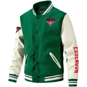 Essendon Bombers AFL Exclusive Logo Leather Baseball Jacket Sleeves HOAFL310525BBJ01ESS - Green