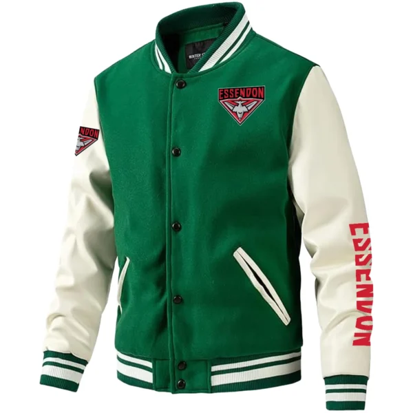 Essendon Bombers AFL Exclusive Logo Leather Baseball Jacket Sleeves HOAFL310525BBJ01ESS - Green