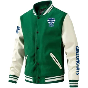 Geelong Cats AFL Exclusive Logo Leather Baseball Jacket Sleeves HOAFL310525BBJ01GEEL - Green