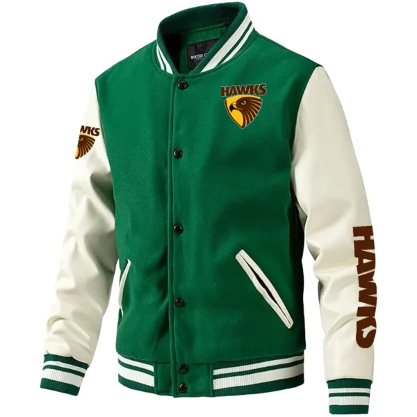 Hawthorn Hawks AFL Exclusive Logo Leather Baseball Jacket Sleeves HOAFL310525BBJ01HAW - Green