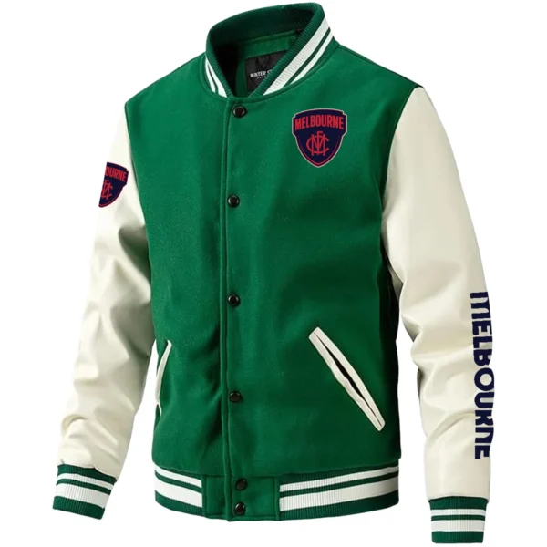 Melbourne Demons AFL Exclusive Logo Leather Baseball Jacket Sleeves HOAFL310525BBJ01MELB - Green