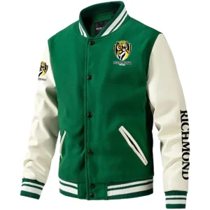 Richmond Tigers AFL Exclusive Logo Leather Baseball Jacket Sleeves HOAFL310525BBJ01RICH - Green
