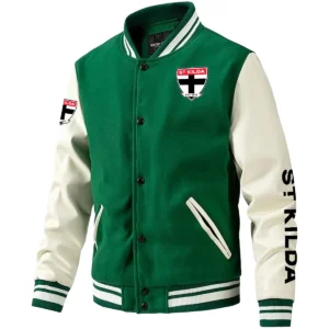 St Kilda Saints AFL Exclusive Logo Leather Baseball Jacket Sleeves HOAFL310525BBJ01STK - Green