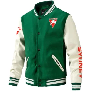 Sydney Swans AFL Exclusive Logo Leather Baseball Jacket Sleeves HOAFL310525BBJ01SYD - Green