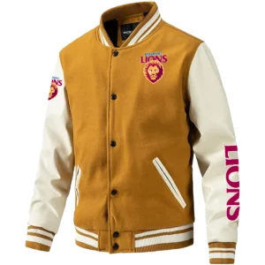Brisbane Lions AFL Exclusive Logo Leather Baseball Jacket Sleeves HOAFL310525BBJ01BL - Yellow