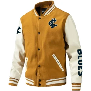 Carlton Blues AFL Exclusive Logo Leather Baseball Jacket Sleeves HOAFL310525BBJ01CARL - Yellow