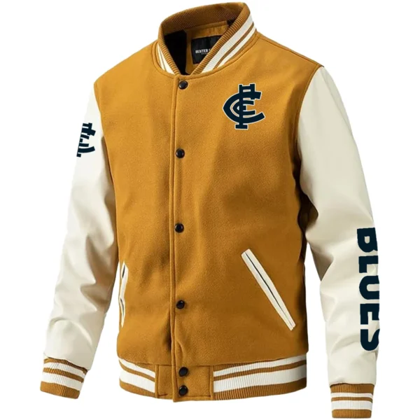 Carlton Blues AFL Exclusive Logo Leather Baseball Jacket Sleeves HOAFL310525BBJ01CARL - Yellow