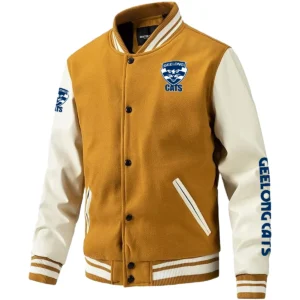Geelong Cats AFL Exclusive Logo Leather Baseball Jacket Sleeves HOAFL310525BBJ01GEEL - Yellow
