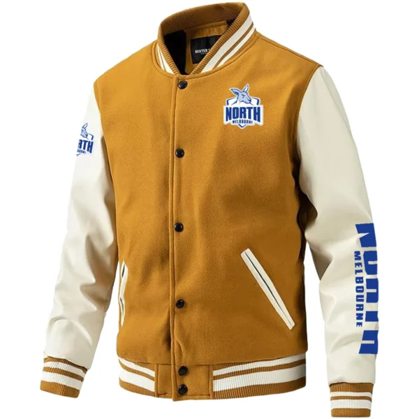North Melbourne Kangaroos AFL Exclusive Logo Leather Baseball Jacket Sleeves HOAFL310525BBJ01NMFC - Yellow