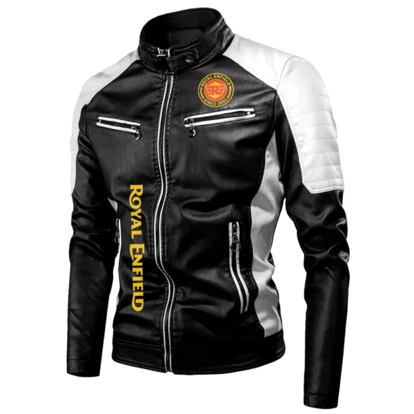 Royal Enfield Exclusive Logo Leather Jacket Motorcycle HOMOT060625LJ01ROY - Black & White - Image 2