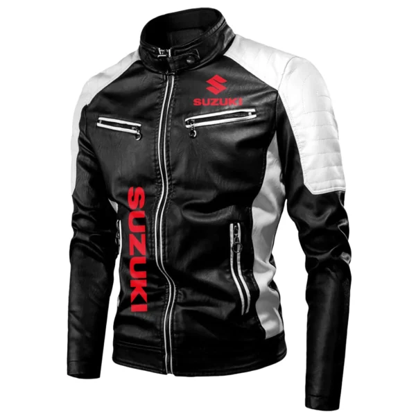 Suzuki Exclusive Logo Leather Jacket Motorcycle HOMOT060625LJ01SUZ - Black & White - Image 2