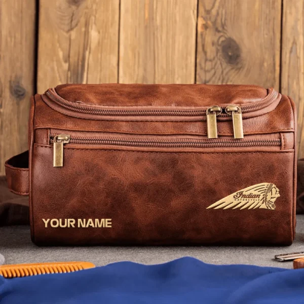 Indian Motorcycles Motorcycles  Exclusive Logo - Personalized Leather Toiletry Bag QTMT180425IND - Dark Brown
