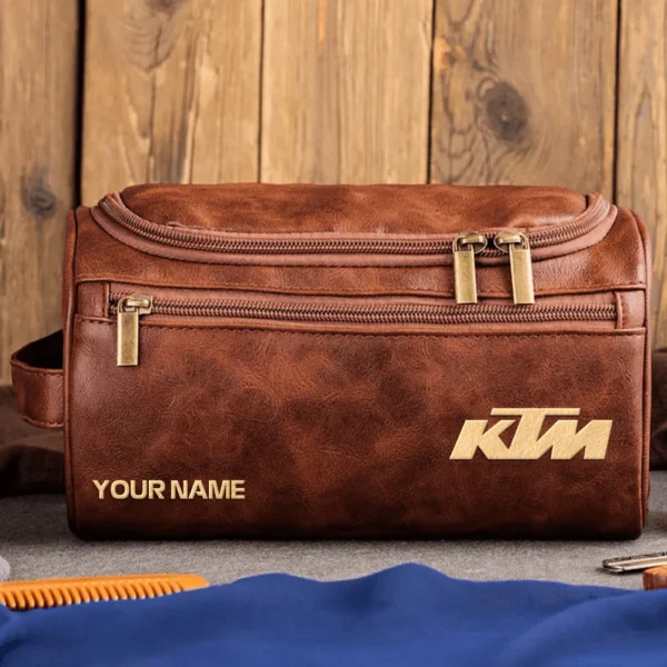 KTM Motorcycles  Exclusive Logo - Personalized Leather Toiletry Bag QTMT180425KTM - Dark Brown