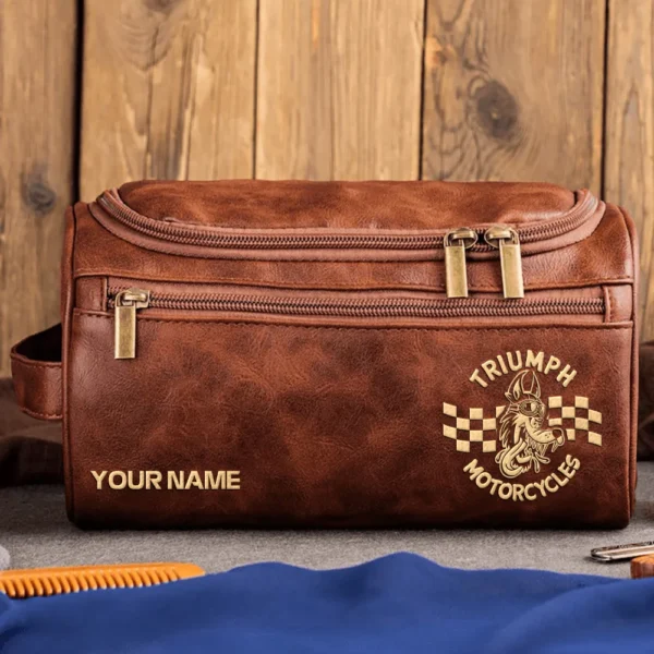 Triumph Motorcycles  Exclusive Logo - Personalized Leather Toiletry Bag QTMT180425TRIA3 - Dark Brown