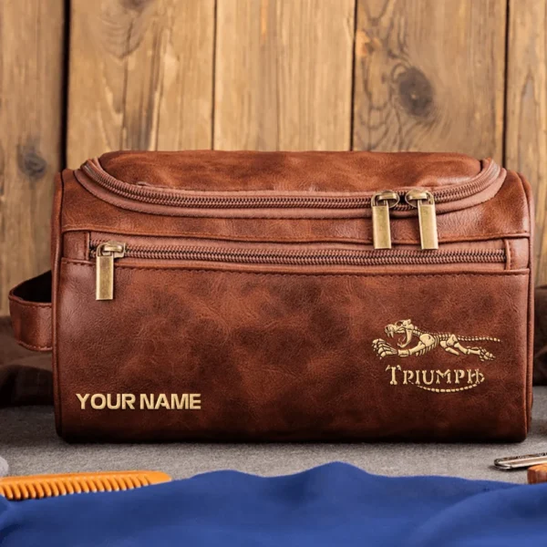 Triumph Motorcycles  Exclusive Logo - Personalized Leather Toiletry Bag QTMT180425TRIA4 - Dark Brown