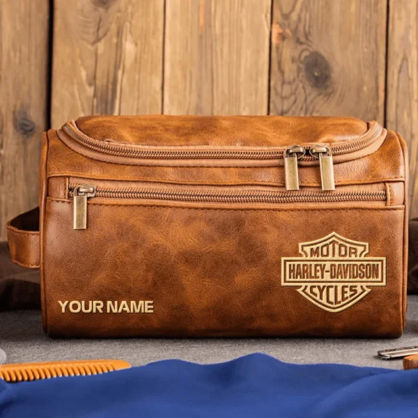 Harley-Davidson Motorcycles  Exclusive Logo - Personalized Leather Toiletry Bag QTMT180425HD - Light Brown