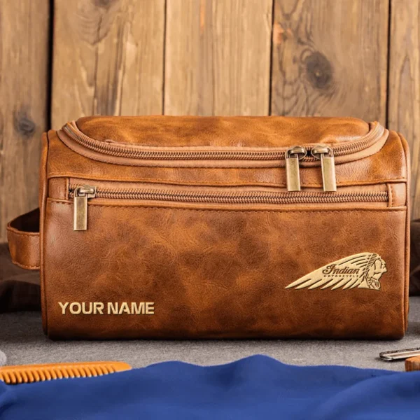 Indian Motorcycles Motorcycles  Exclusive Logo - Personalized Leather Toiletry Bag QTMT180425IND - Light Brown