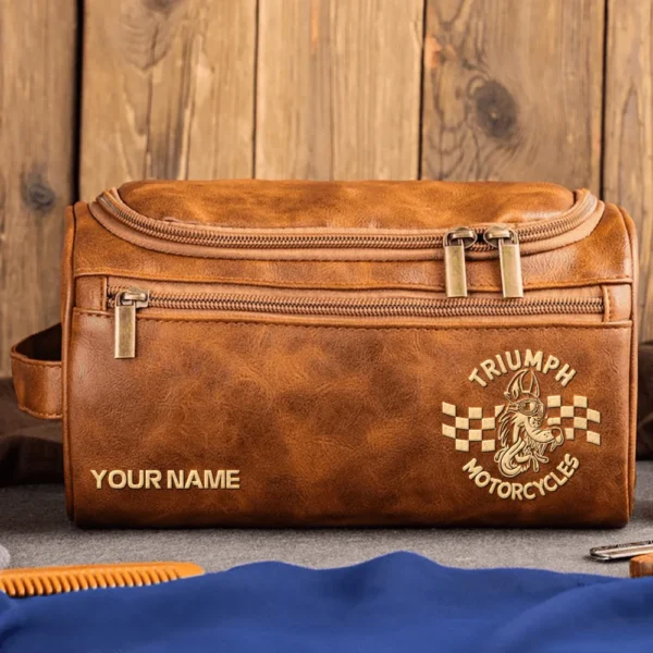 Triumph Motorcycles  Exclusive Logo - Personalized Leather Toiletry Bag QTMT180425TRIA3 - Light Brown