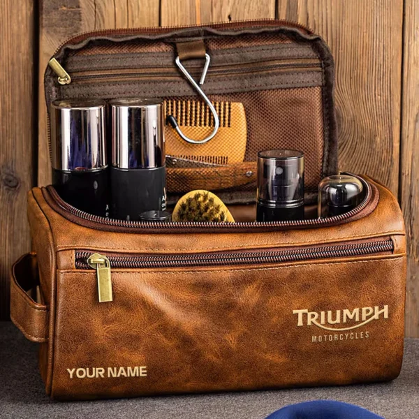 Triumph Motorcycles Exclusive Logo - Personalized Leather Toiletry Bag QTMT180425TRIA1 - Light Brown - Image 3