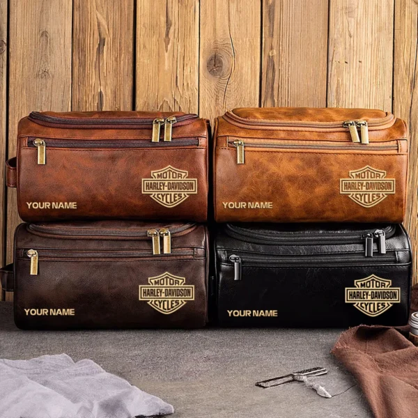 Harley-Davidson Motorcycles  Exclusive Logo - Personalized Leather Toiletry Bag QTMT180425HD - Light Brown - Image 2