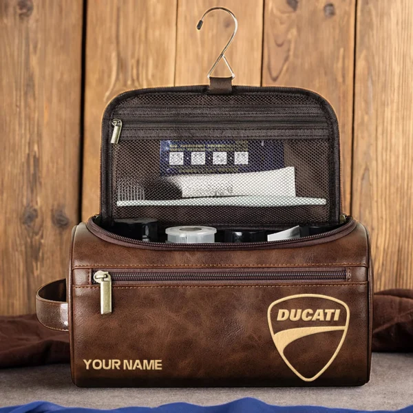 Ducati Motorcycles  Exclusive Logo - Personalized Leather Toiletry Bag QTMT180425DUC - Dark Brown - Image 4