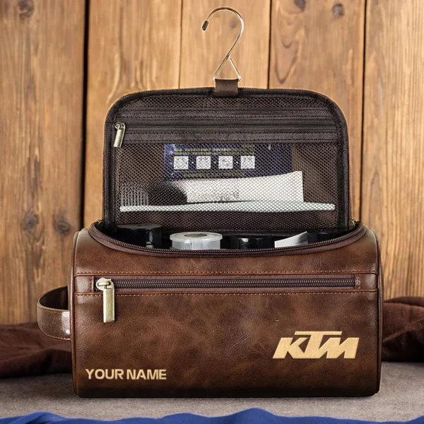 KTM Motorcycles  Exclusive Logo - Personalized Leather Toiletry Bag QTMT180425KTM - Dark Brown - Image 4