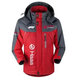 Haas F1 Team Exclusive Logo Outdoor Plush Charging Suit Waterproof Windproof Jacket Detachable Hood BLF130525A1HAAS - Red