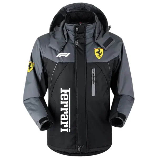 Ferrari F1 Team Exclusive Logo Outdoor Plush Charging Suit Waterproof Windproof Jacket Detachable Hood BLF130525A1FRR - Black