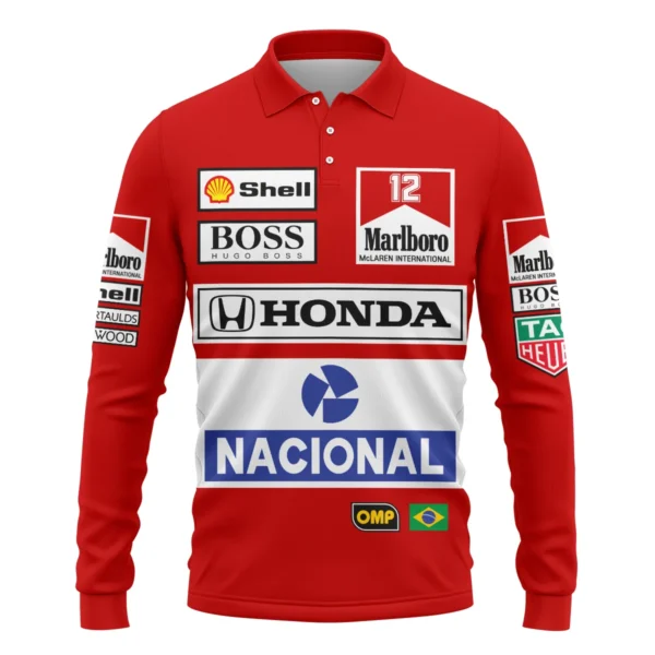 1988 Ayrton Senna Honda Race Suit Marlboro McLaren Long Polo Shirt BL3725A2LPL - Image 2