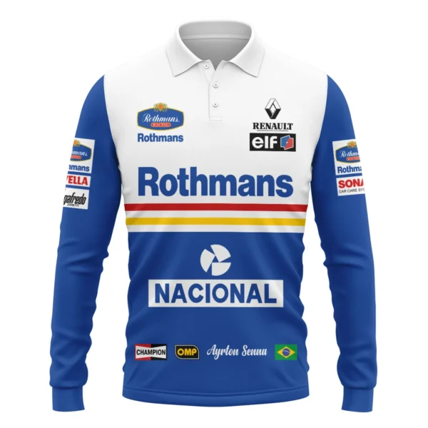 1994 Ayrton Senna Rothmans Williams Renault F1 Racing Team Long Polo Shirt BL3725A6LPL - Image 2