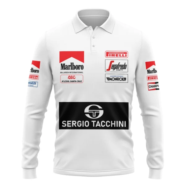 1984 Ayrton Senna Sergio Tacchini Toleman F1 Promotional Team Long Polo Shirt BL3725A7LPL - Image 2
