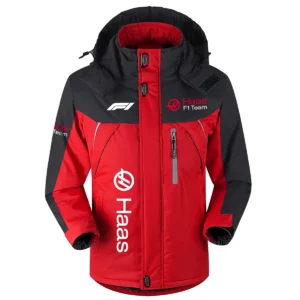 Haas F1 Team Exclusive Logo Outdoor Plush Charging Suit Waterproof Windproof Jacket Detachable Hood BLF130525A1HAAS - Red