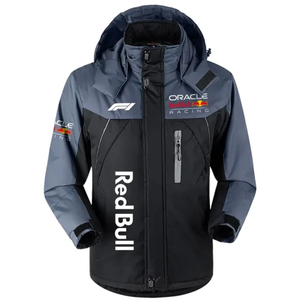 Red Bull Racing F1 Team Exclusive Logo Outdoor Plush Charging Suit Waterproof Windproof Jacket Detachable Hood BLF130525A1RBR - Black