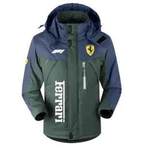 Ferrari F1 Team Exclusive Logo Outdoor Plush Charging Suit Waterproof Windproof Jacket Detachable Hood BLF130525A1FRR - Dark Green