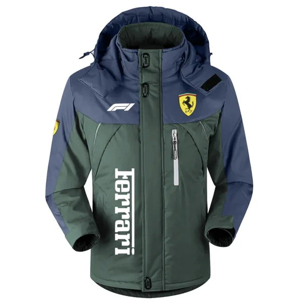 Ferrari F1 Team Exclusive Logo Outdoor Plush Charging Suit Waterproof Windproof Jacket Detachable Hood BLF130525A1FRR - Dark Green