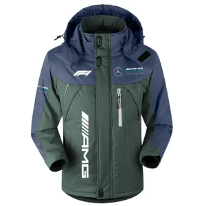 Mercedes F1 Team Exclusive Logo Outdoor Plush Charging Suit Waterproof Windproof Jacket Detachable Hood BLF130525A1MER - Dark Green